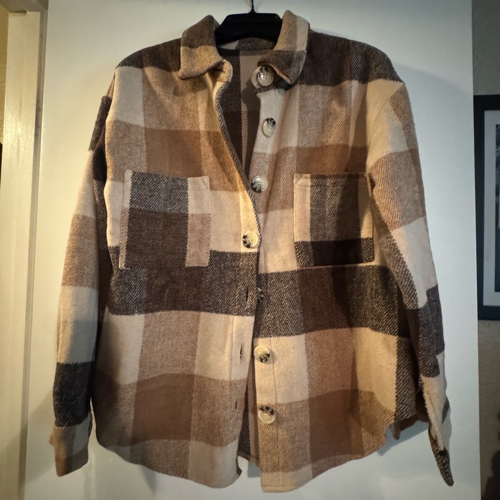 NWOT Plaid Button-Up Jacket in Brown and Tan
